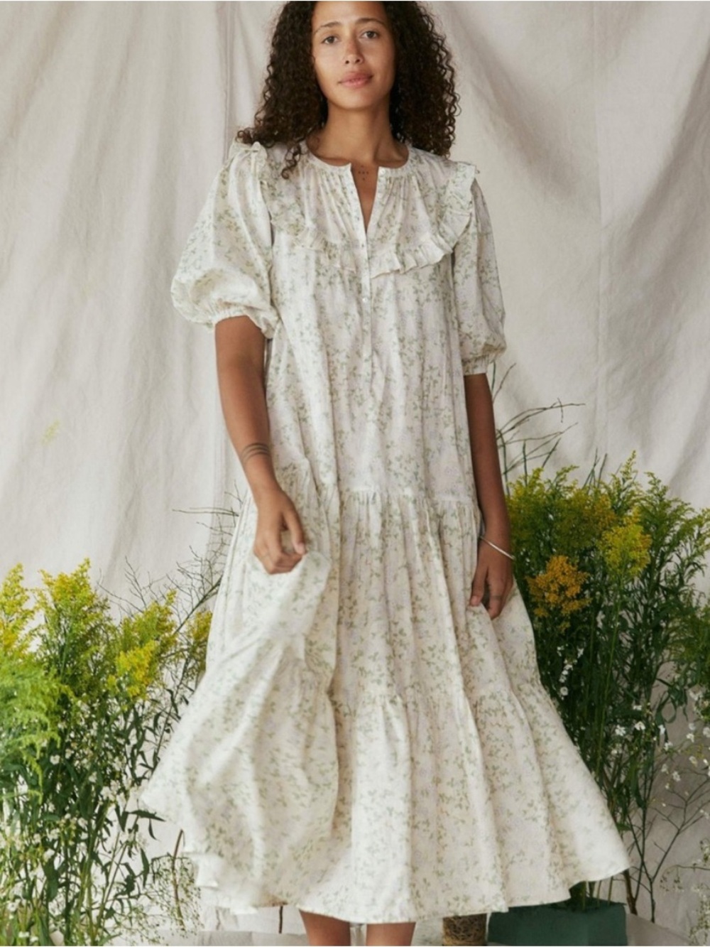 Christy Dawn Emilia Cream Floral Ruffle Tiered Midi Dress Sz XS